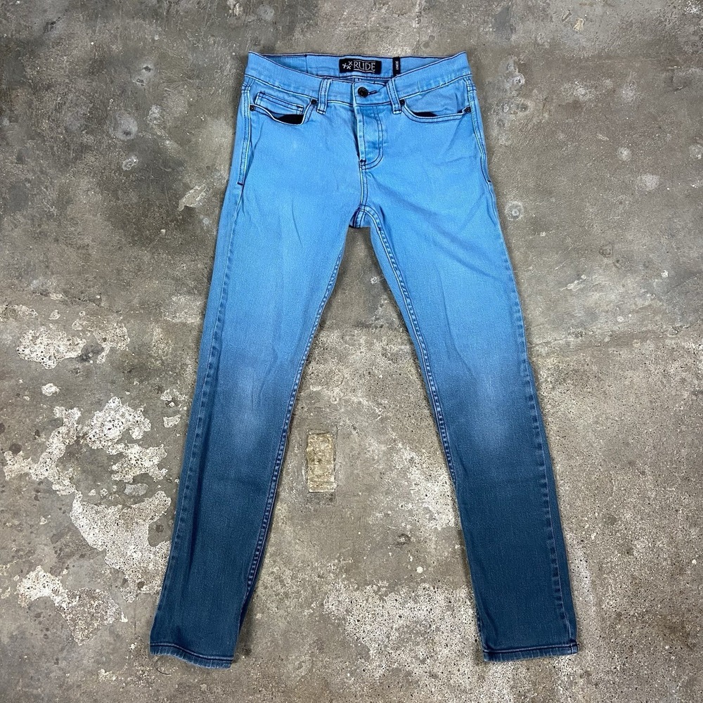 Vintage Y2K RUDE Jeans Size 30x32 Blue Ombre Wash Denim‎ Skinny Fit Button Fly